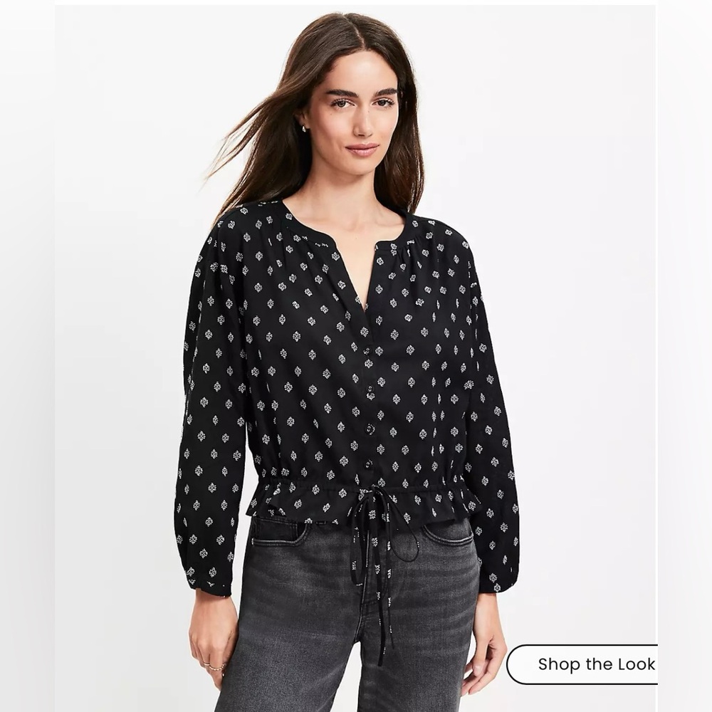 LOFT Black Patterned Drawstring Blouse ✨ NWT NWT - image 2